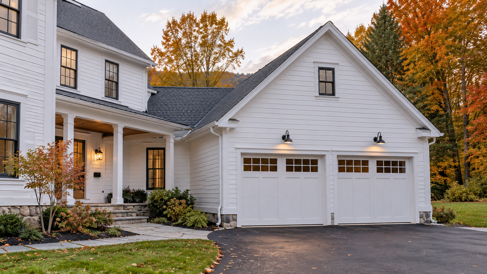New attached two-car garage on a Vermont home with a snow-shedding roof
