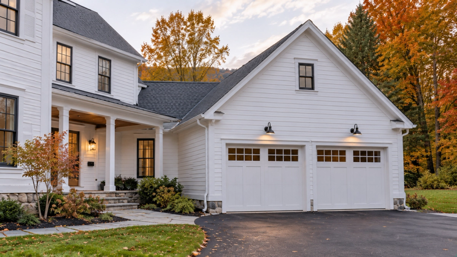 New attached two-car garage on a Vermont home with a snow-shedding roof