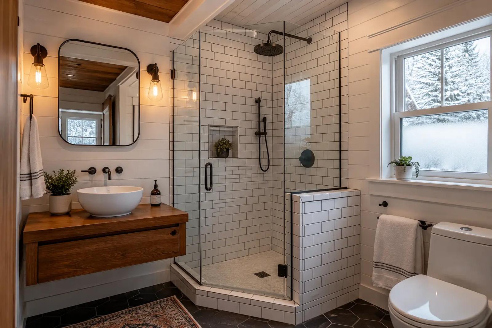 Completed bathroom remodel with corner glass shower in Chittenden County Vermont by Tradecraft VT