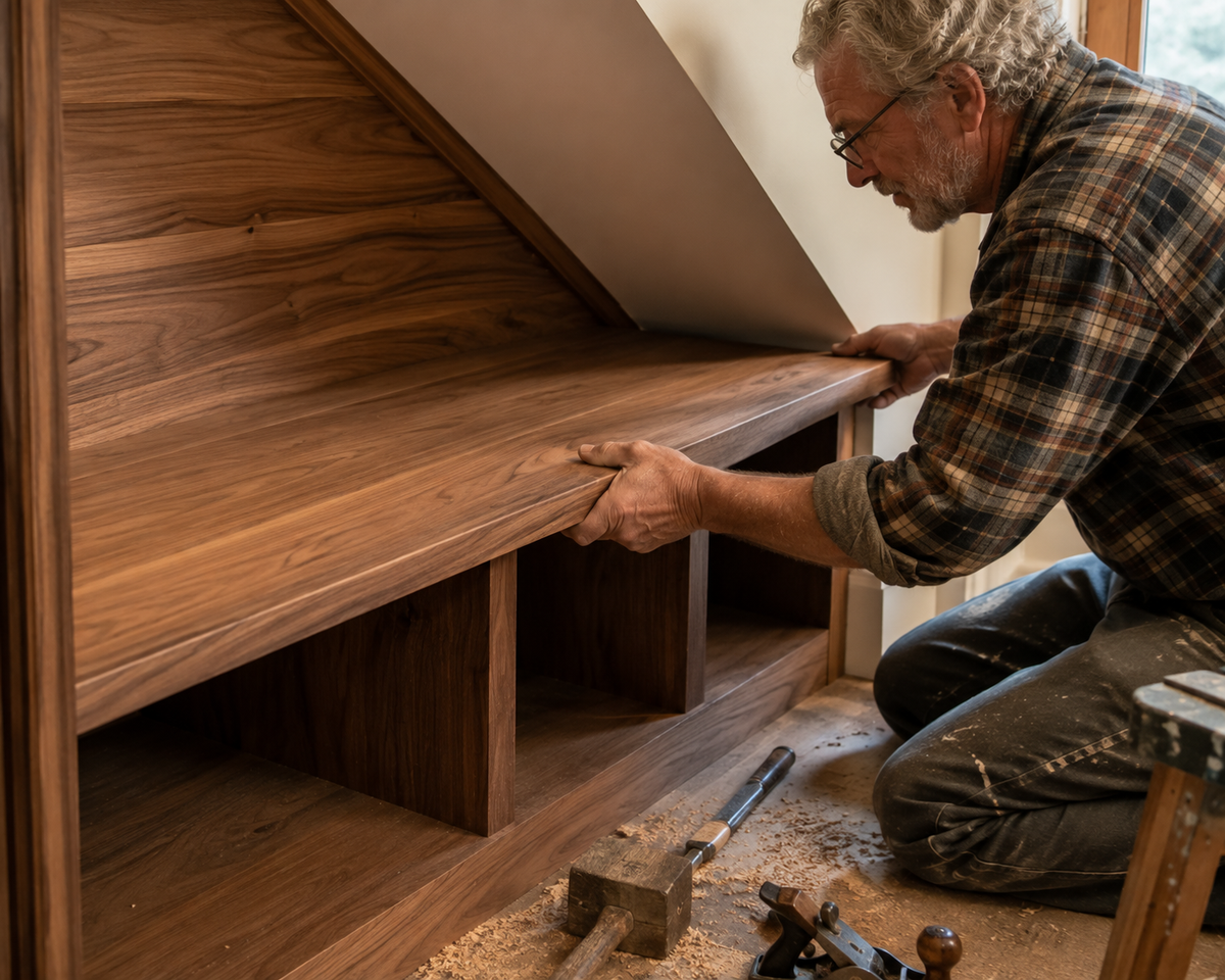Master woodworker Tim Chila installing a custom-fit mudroom bench in Vermont.