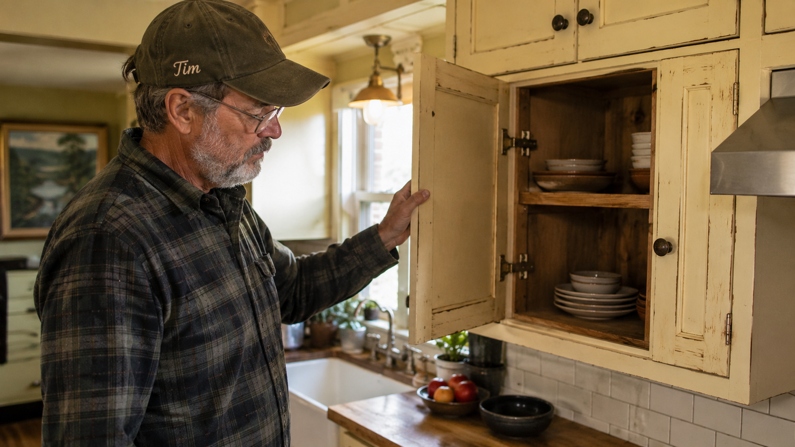 Vermont general contractor Tim Chila inspecting old kitchen cabinets to determine if refacing or replacement makes sense.