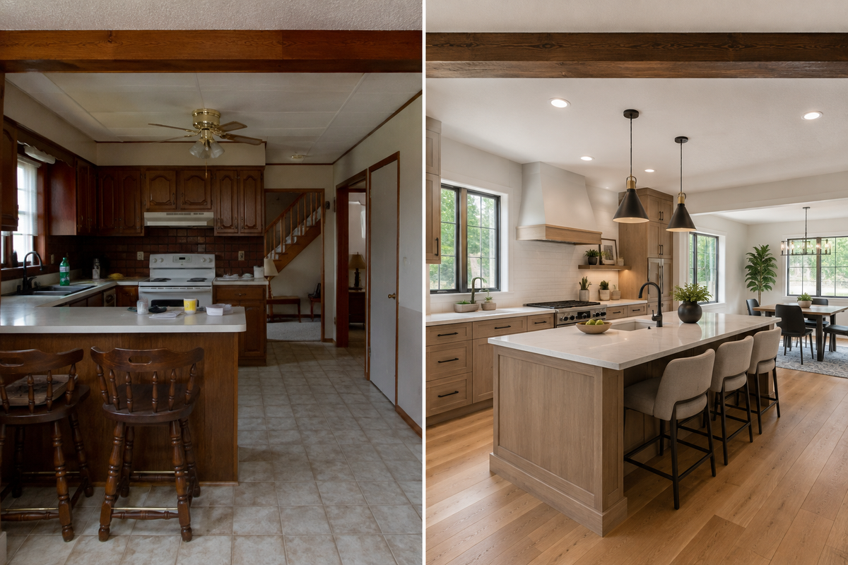 A before-and-after transformation showcasing whole house renovation in Vermont by Tradecraft VT.