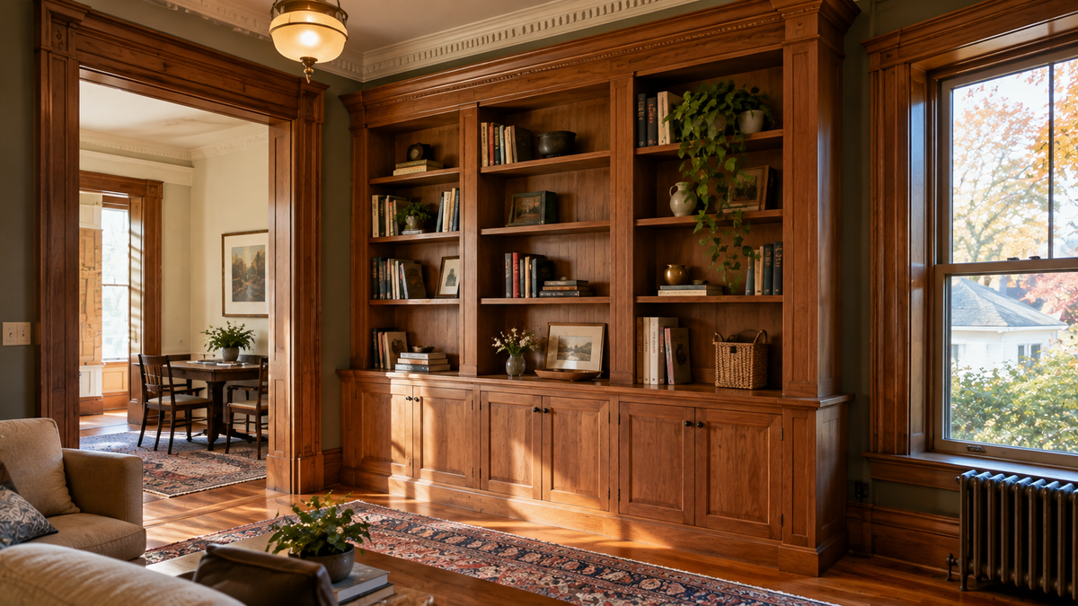 Custom built-in woodwork matching historic millwork in a Montpelier Vermont home by Tradecraft VT.