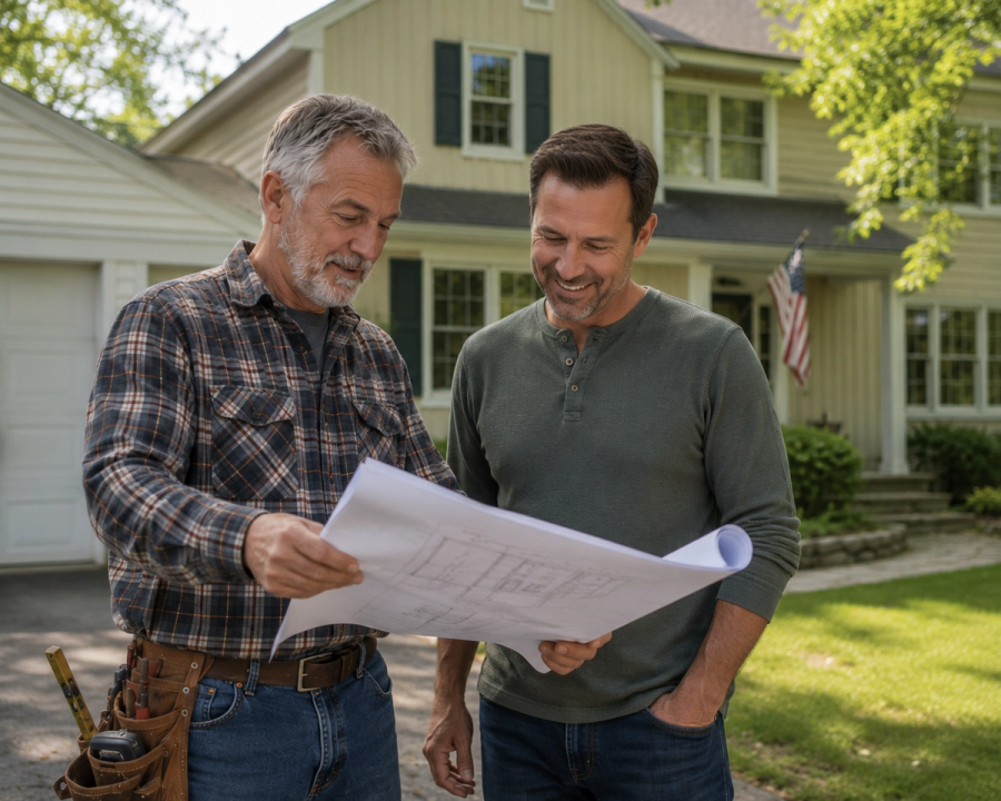 General contractor Tim Chila discussing a home remodeling project with a homeowner in Essex Junction, VT.