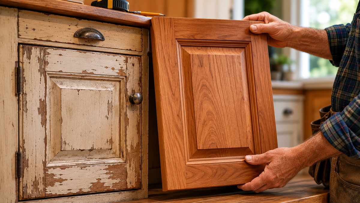 Comparing new custom cabinet doors during a kitchen cabinet refacing project in Chittenden County.