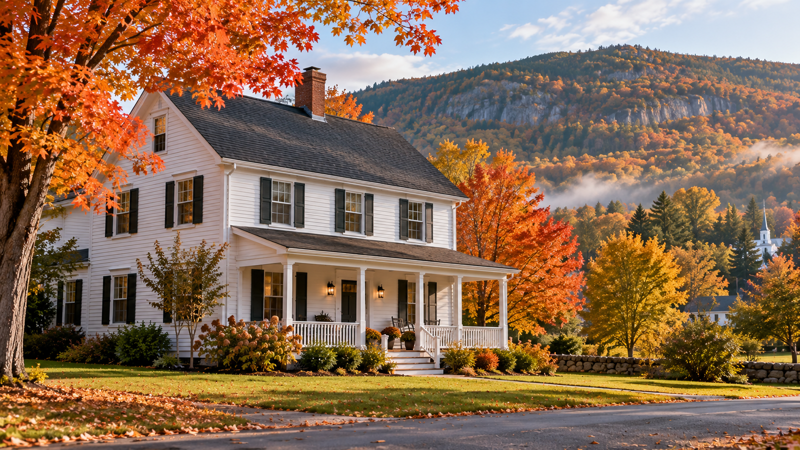 Vermont village home with a front porch below Mount Mansfield in autumn