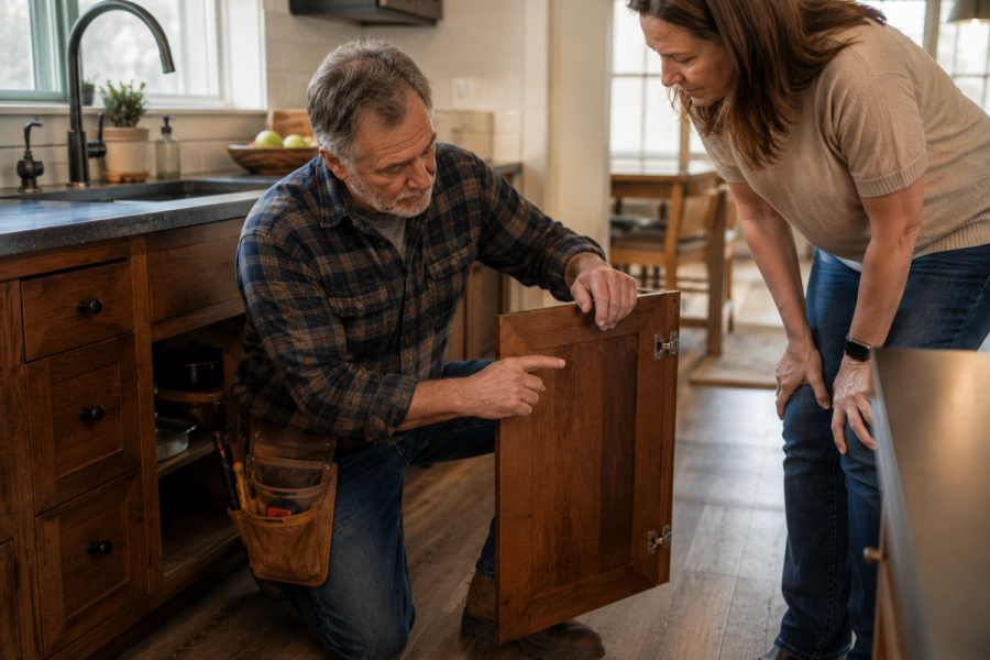 Master woodworker Tim Chila inspecting a home for kitchen cabinet repair and refinishing in Vermont.