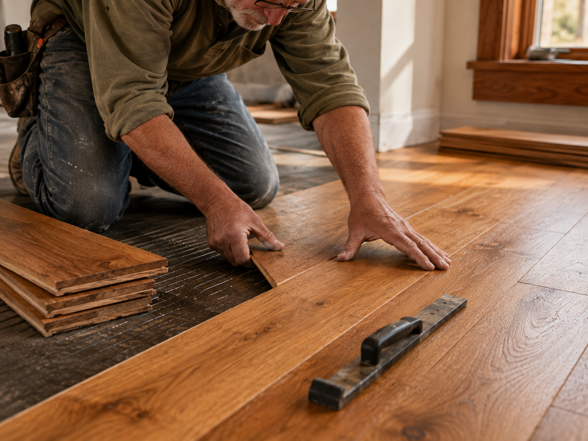Master woodworker Tim Chila installing wide plank hardwood flooring in Vermont.