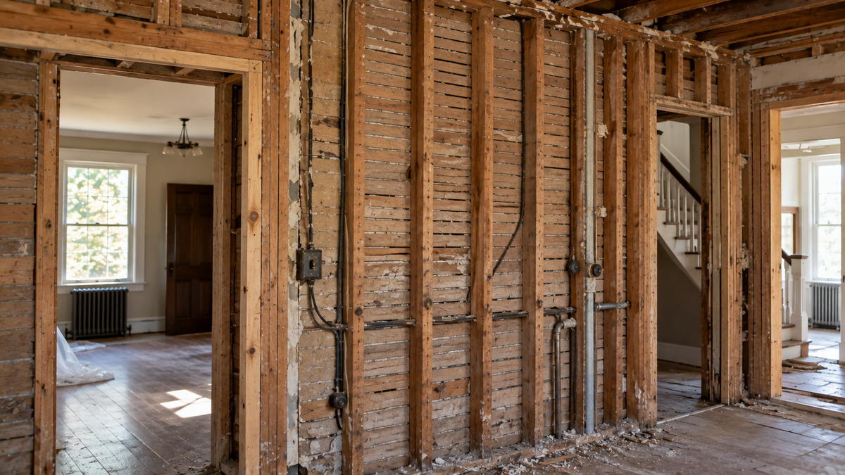 Interior wall opened during Vermont home renovation revealing original construction by Tradecraft VT.