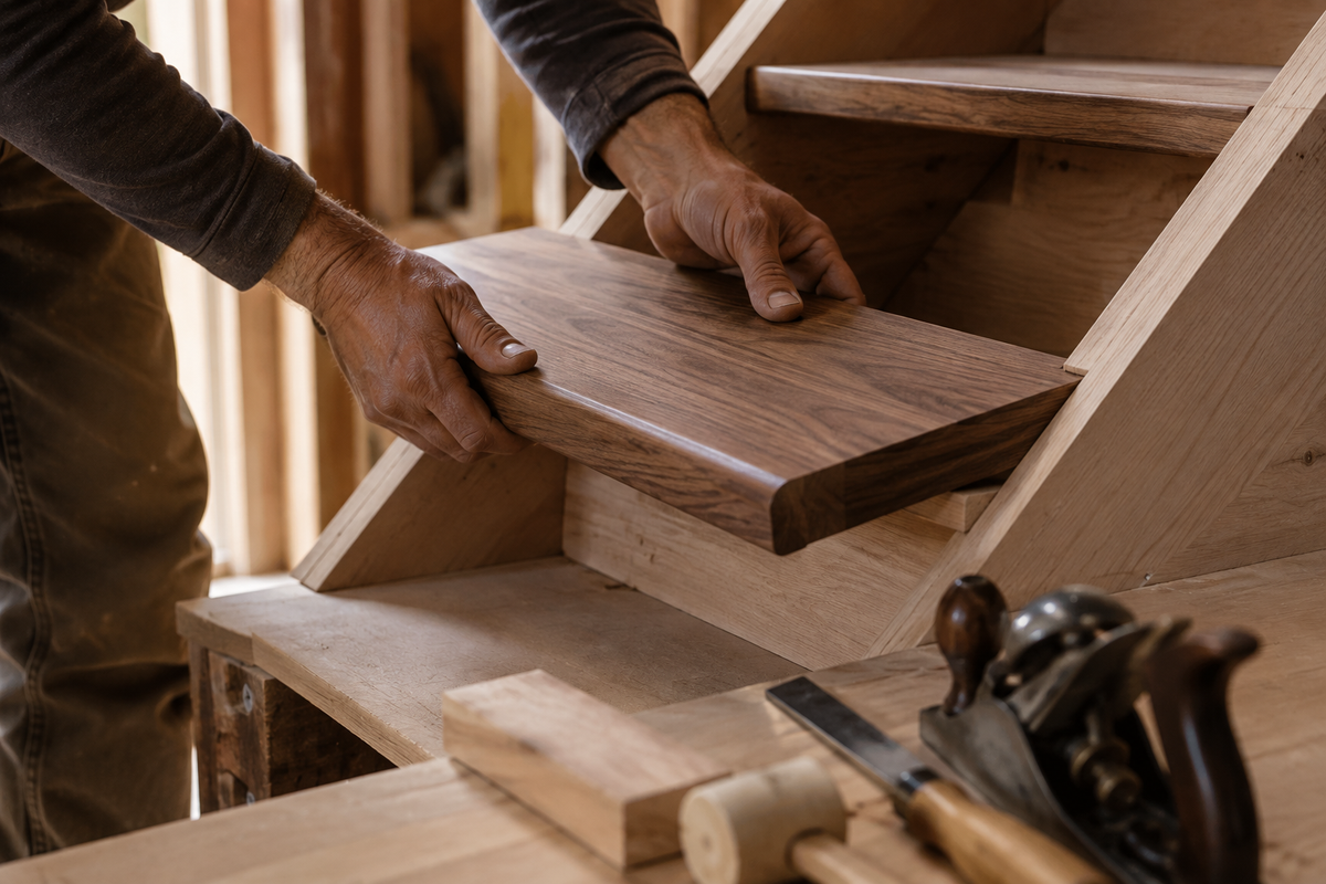 Master woodworker Tim Chila installing custom hardwood stair treads in Vermont.