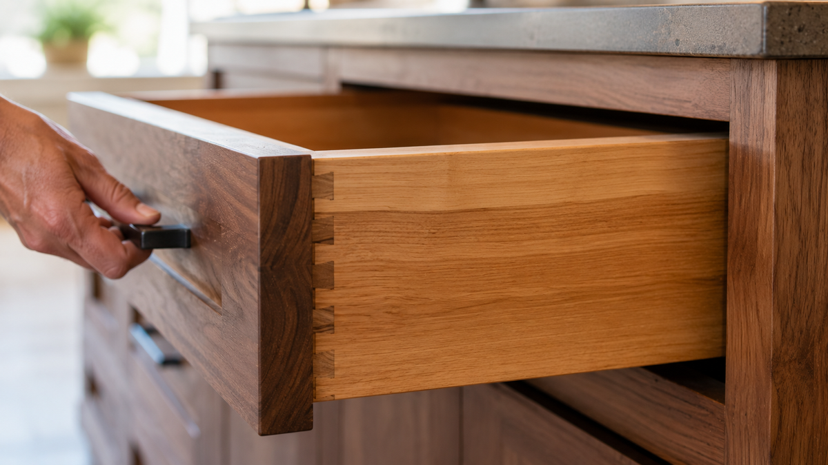 High-quality dovetail joinery on custom kitchen cabinets built by Tradecraft VT in Chittenden County.