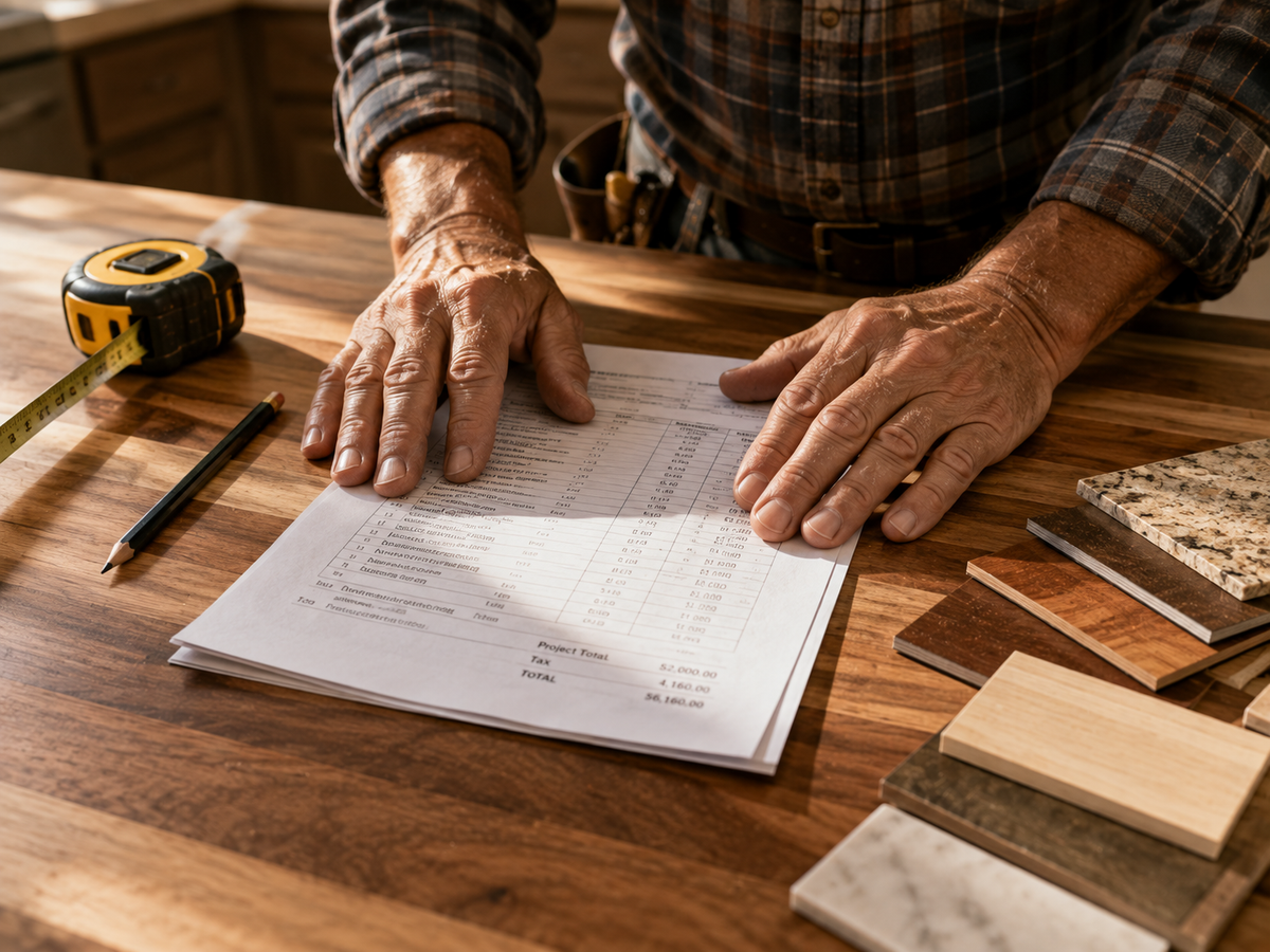 An open-book, itemized estimate and material samples for a home remodelling design consultation in Vermont.