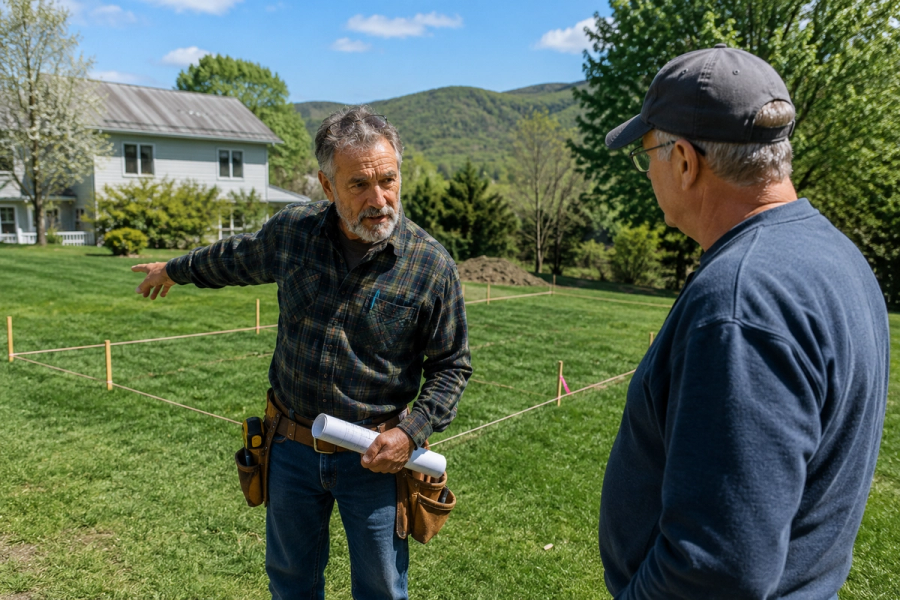 General contractor Tim Chila discussing Vermont home addition costs and site planning with a homeowner in their backyard.