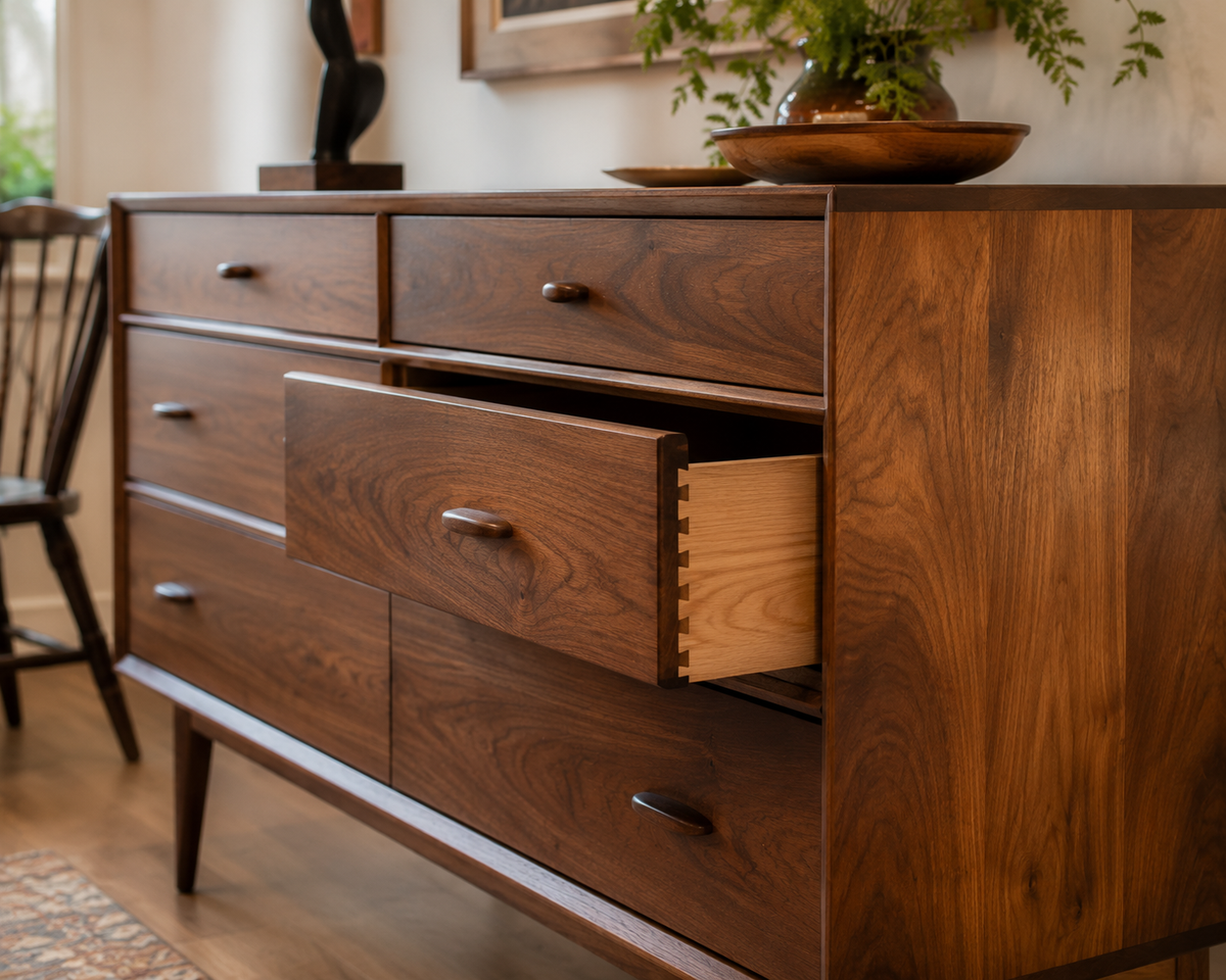 A beautifully restored solid wood dresser showcasing expert furniture repair in Chittenden County.