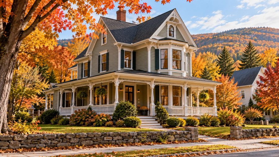 Victorian home with a wrap-around porch on a southern Vermont street in autumn