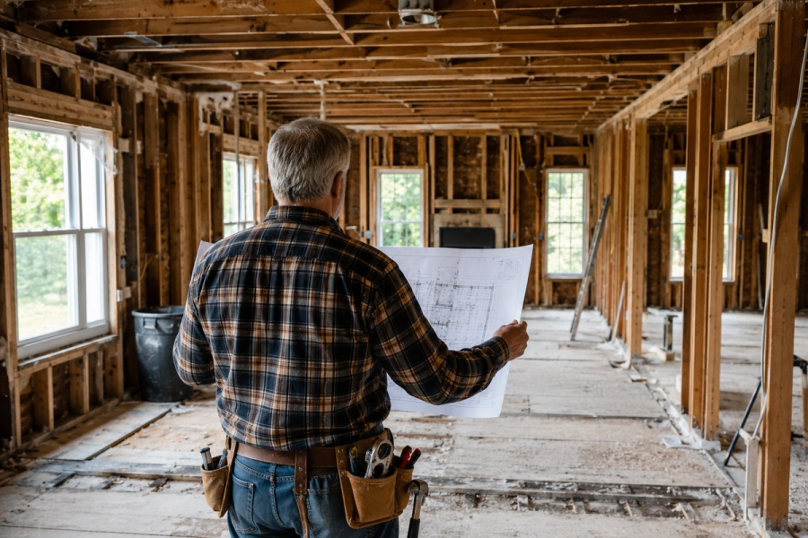 General contractor Tim Chila standing in a gutted living room, preparing for a whole house remodel in Vermont.