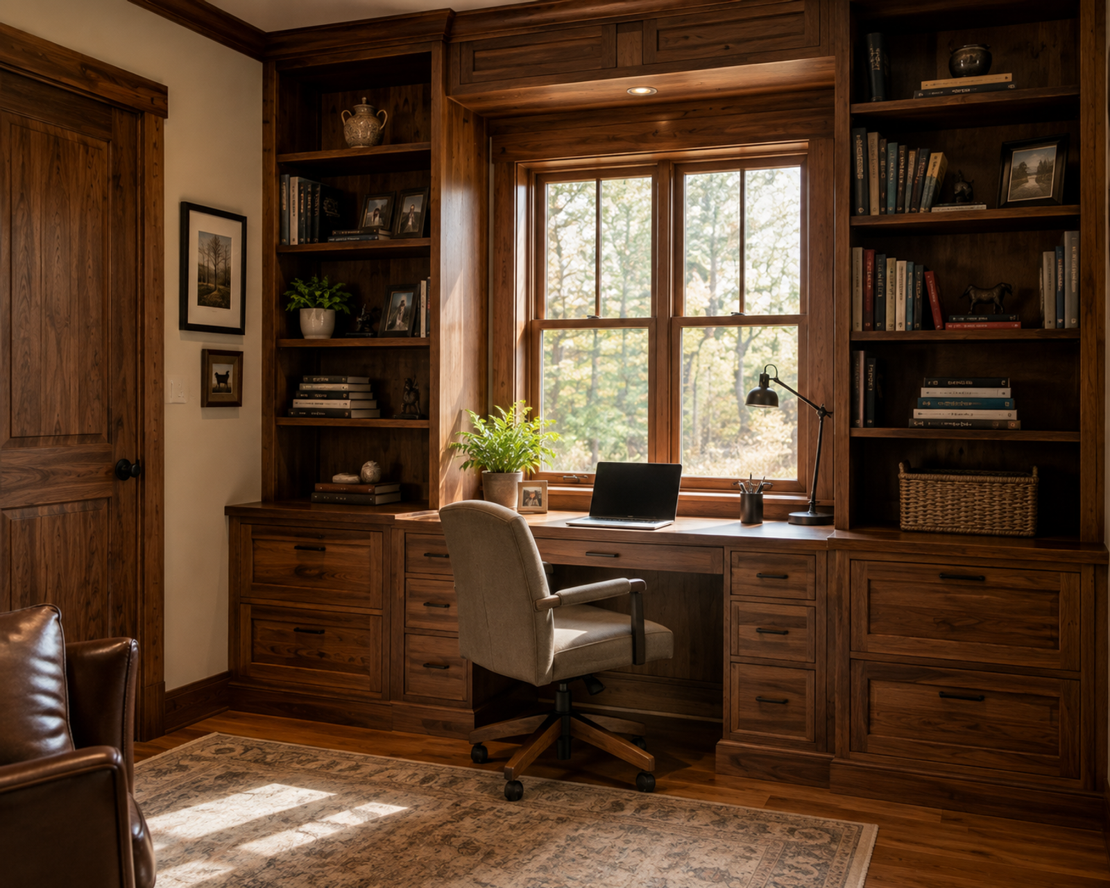 Custom home office with built-in desk and shelving in a Chittenden County, Vermont home by Tradecraft VT.