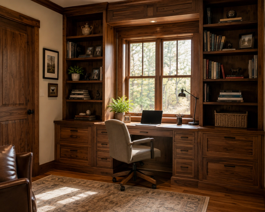 Custom home office with built-in desk and shelving in a Chittenden County, Vermont home by Tradecraft VT.