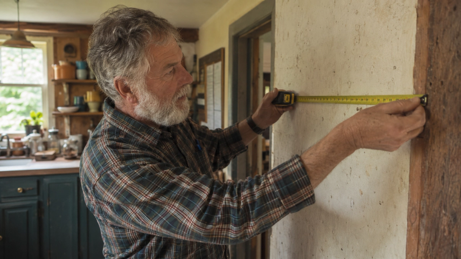 A candid, natural photo of a senior craftsman with a grey beard in a plaid shirt, holding a tape measure against an older, slightly uneven kitchen wall. He looks focused and experienced. Natural lighting, high realism, warm Vermont aesthetic.