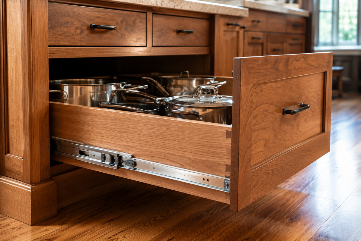 A heavy-duty, solid wood pull-out drawer showcasing the superior quality of custom kitchen cabinets in Chittenden County.