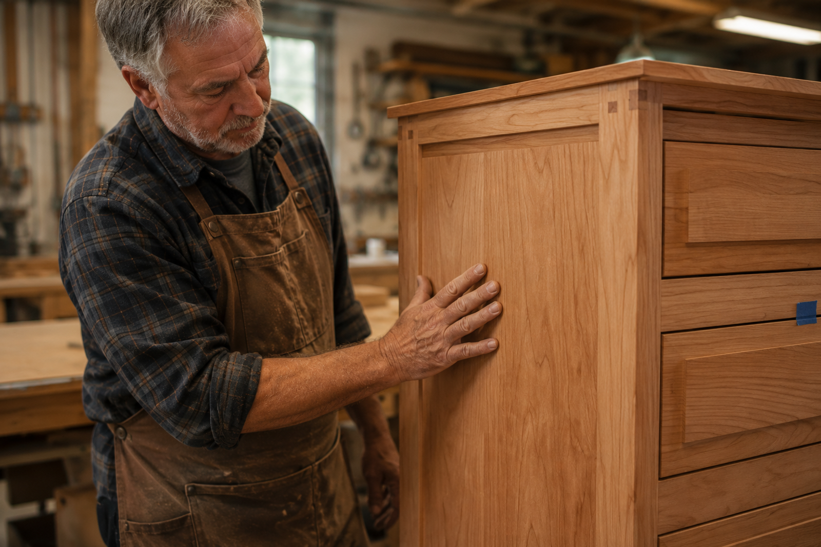 Master woodworker Tim Chila inspecting handcrafted custom cabinetry in Vermont before a kitchen installation.