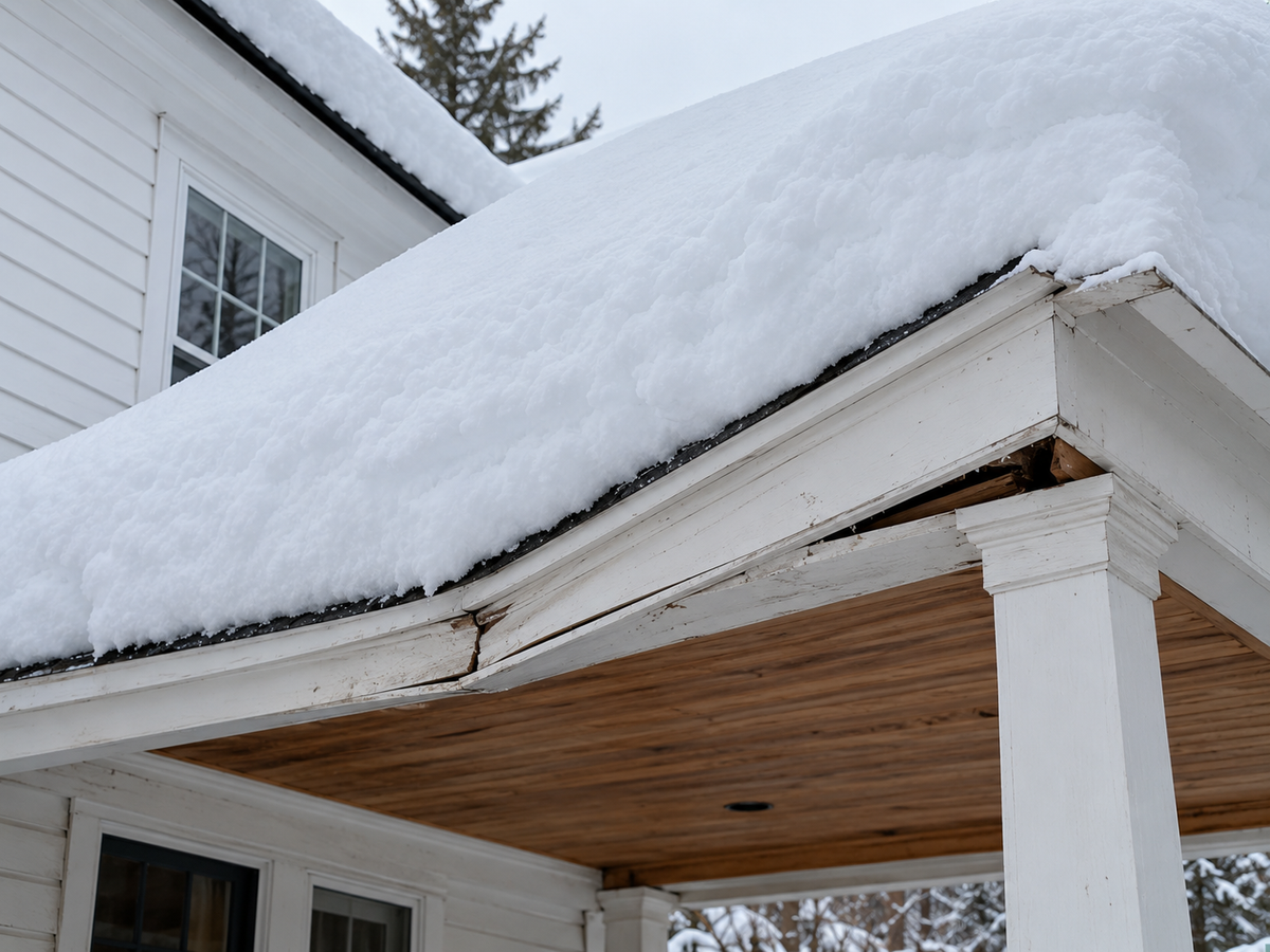 Roof edge with a deep layer of packed snow and a wood porch roof below