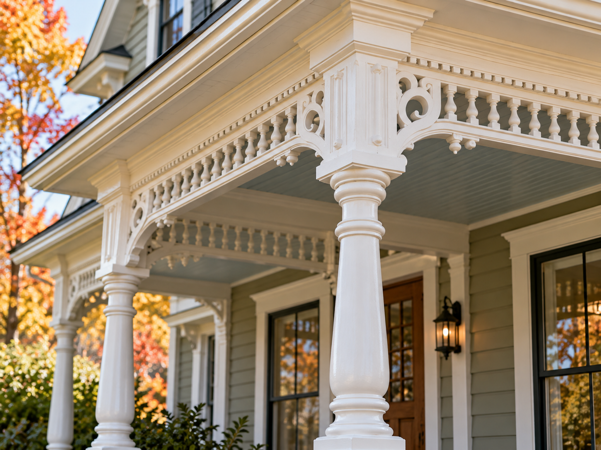 Close view of restored Victorian porch trim and a turned post