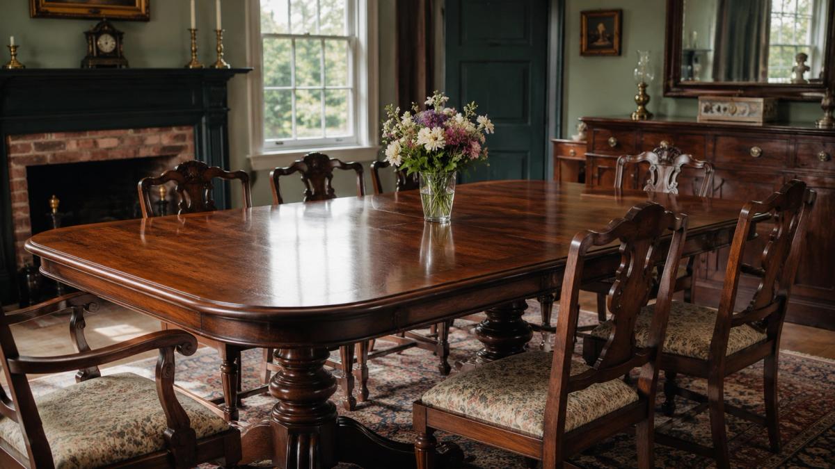 A beautifully restored antique dining table showcasing expert furniture restoration in Chittenden County, VT.