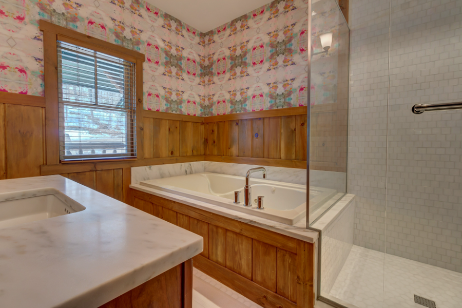 Custom tile work in bathroom renovation Stratton Mountain Vermont Tradecraft VT