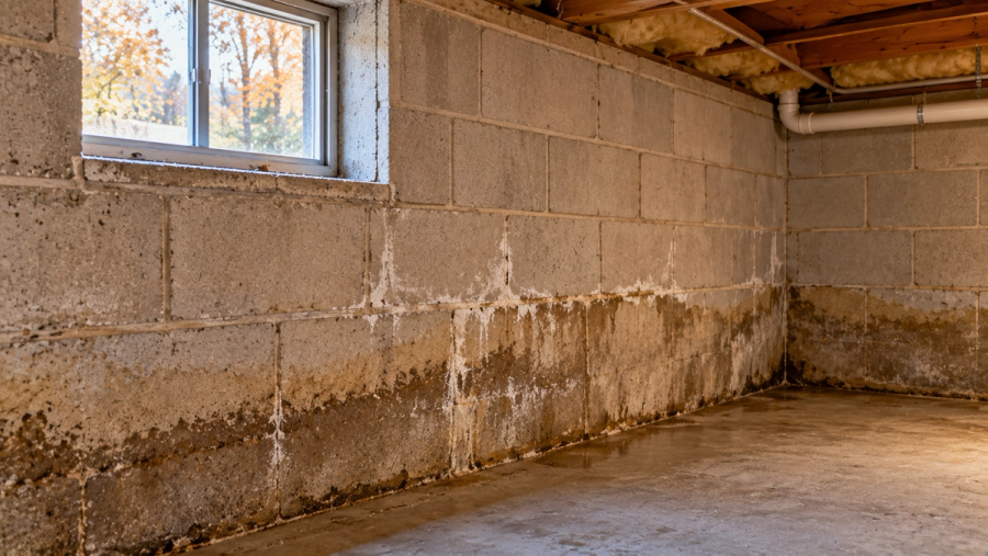 Vermont basement wall showing water infiltration staining before winter repair.