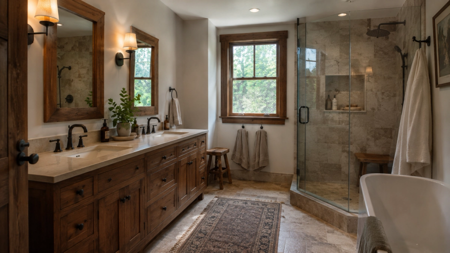 A luxurious master bathroom remodel in Vermont featuring custom woodworking and a walk-in shower.