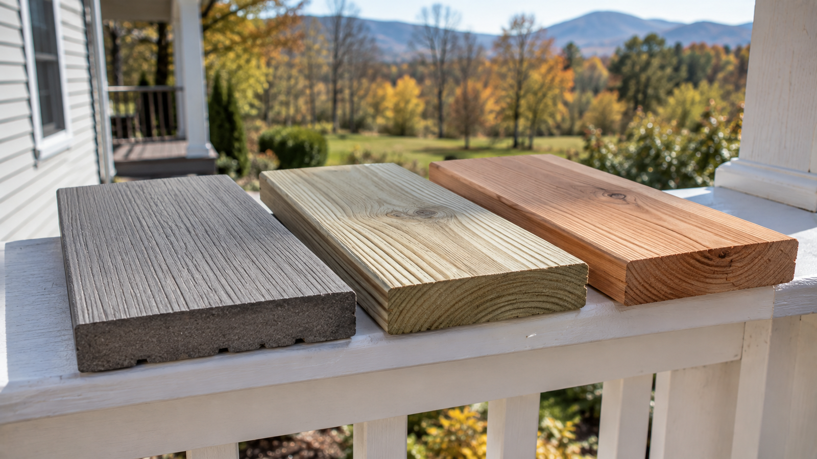 Composite, pressure-treated, and cedar decking material comparison for Vermont homes by Tradecraft VT.