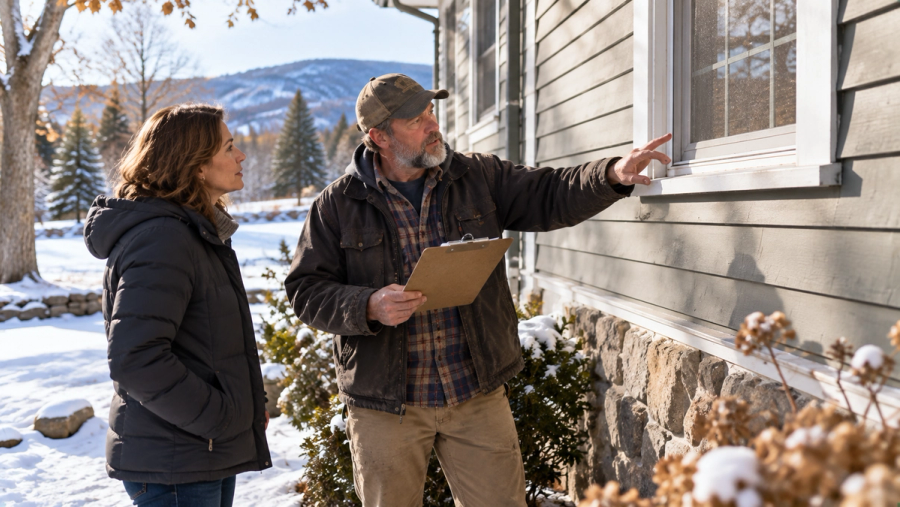 Vermont homeowner and contractor Tim Chila reviewing home inspection report before renovation planning.