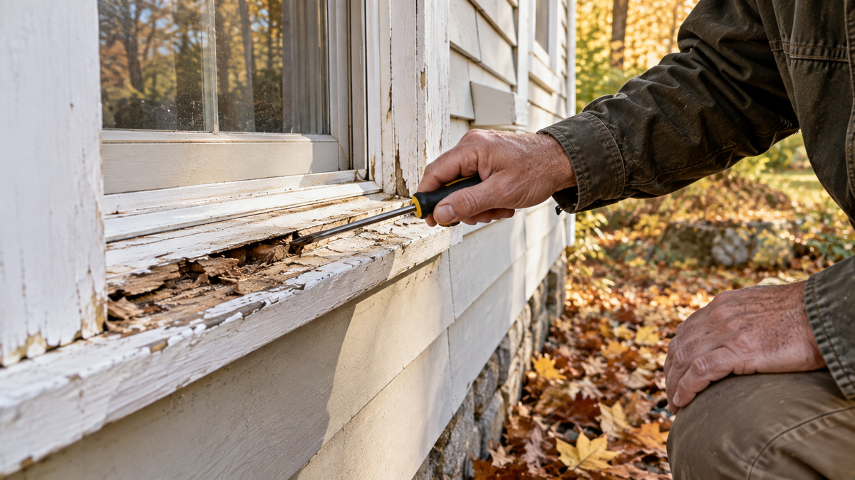 Checking window sill for wood rot on a Vermont home in fall.