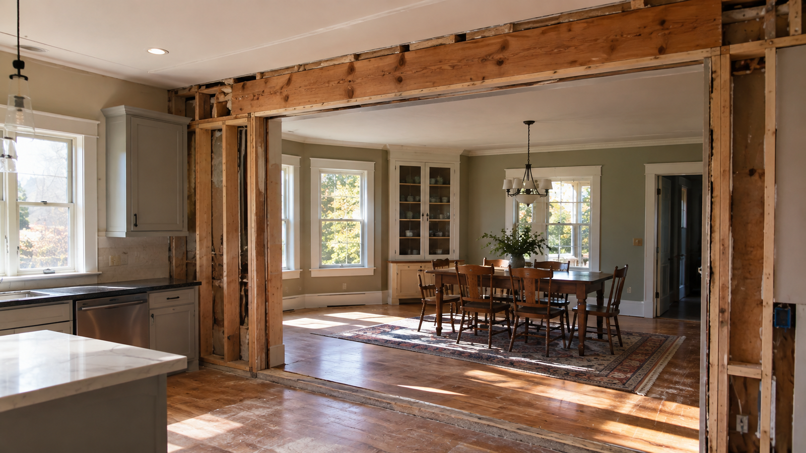 Load-bearing wall opened with new beam in a Vermont home by Tradecraft VT.