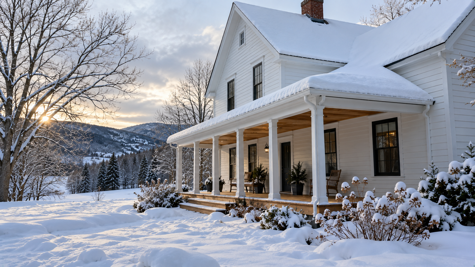 Snow-covered Vermont farmhouse with a porch roof and deck after a heavy snowfall