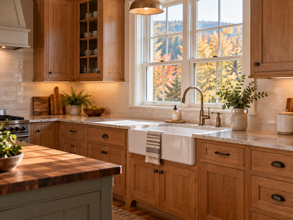 Renovated farmhouse kitchen with wood cabinets and a window over the sink