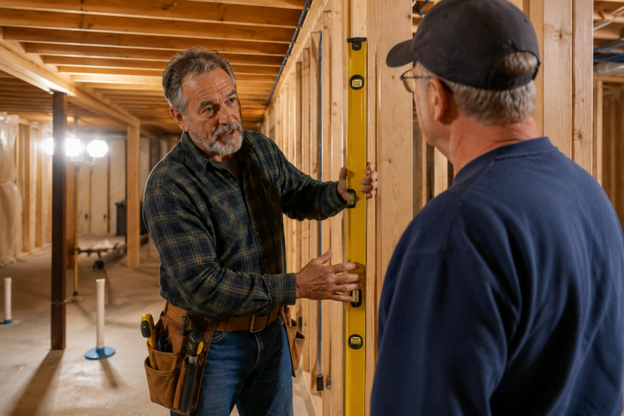 General contractor Tim Chila showing a homeowner the framing progress during a basement finishing project in Chittenden County, VT.