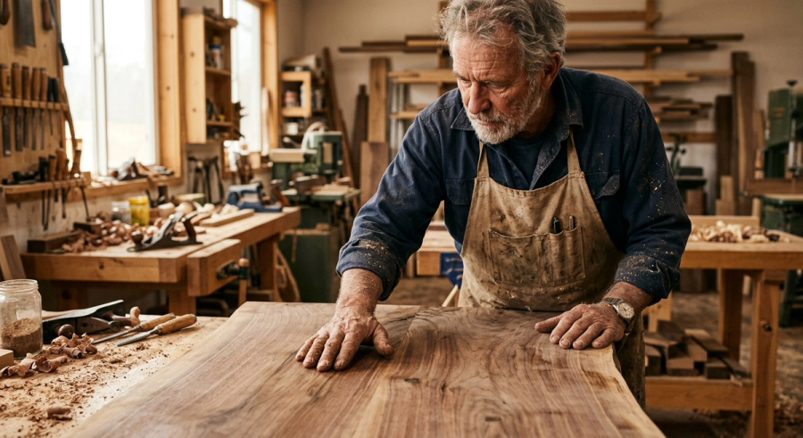 A high-realism, warm-toned photo of a master woodworker in a sawdust-dusted apron, running his hand over a beautifully finished piece of raw, natural wood in a workshop. The focus is on the rich grain of the wood and the artisan's experienced hands.