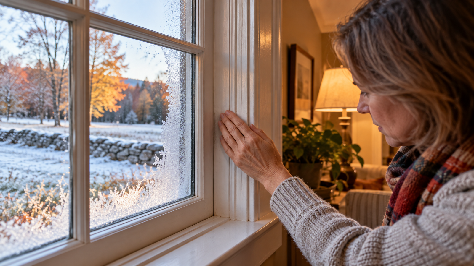 Vermont homeowner checking for window draft in fall as heating season begins.