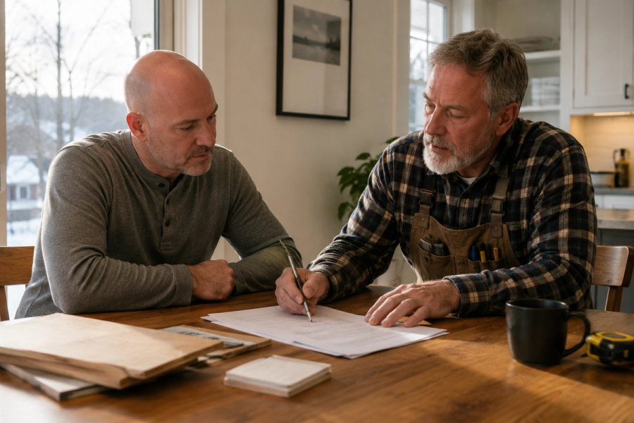 Vermont homeowner reviewing remodeling contract with contractor Tradecraft VT.