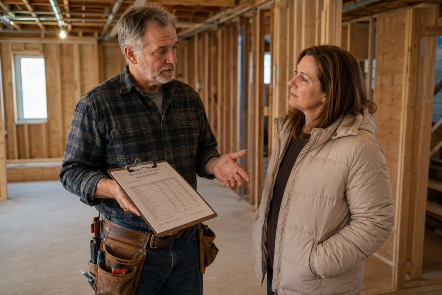 General contractor Tim Chila discussing basement finishing cost in Vermont with a homeowner.
