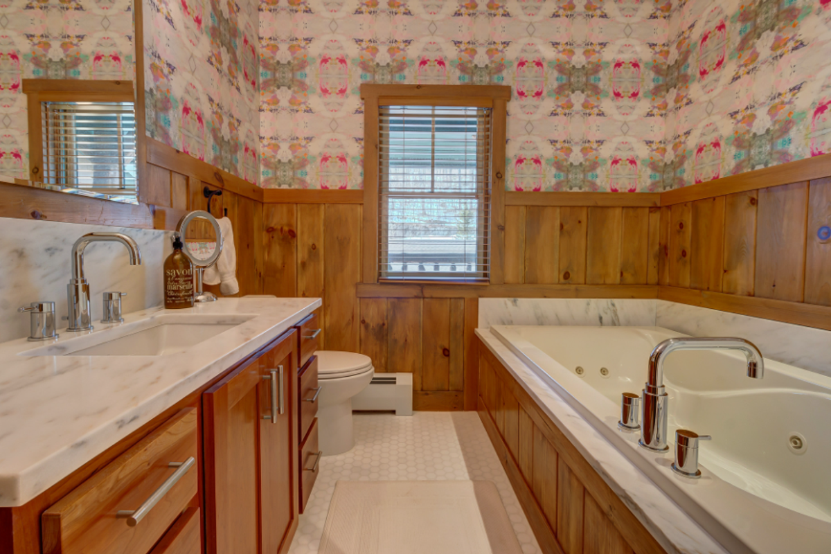 Bathroom remodel with custom panelled walls, Stratton Mountain Vermont by Tradecraft VT