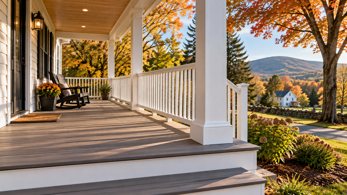 Rebuilt Vermont porch with proper ledger flashing and post bases by Tradecraft VT.