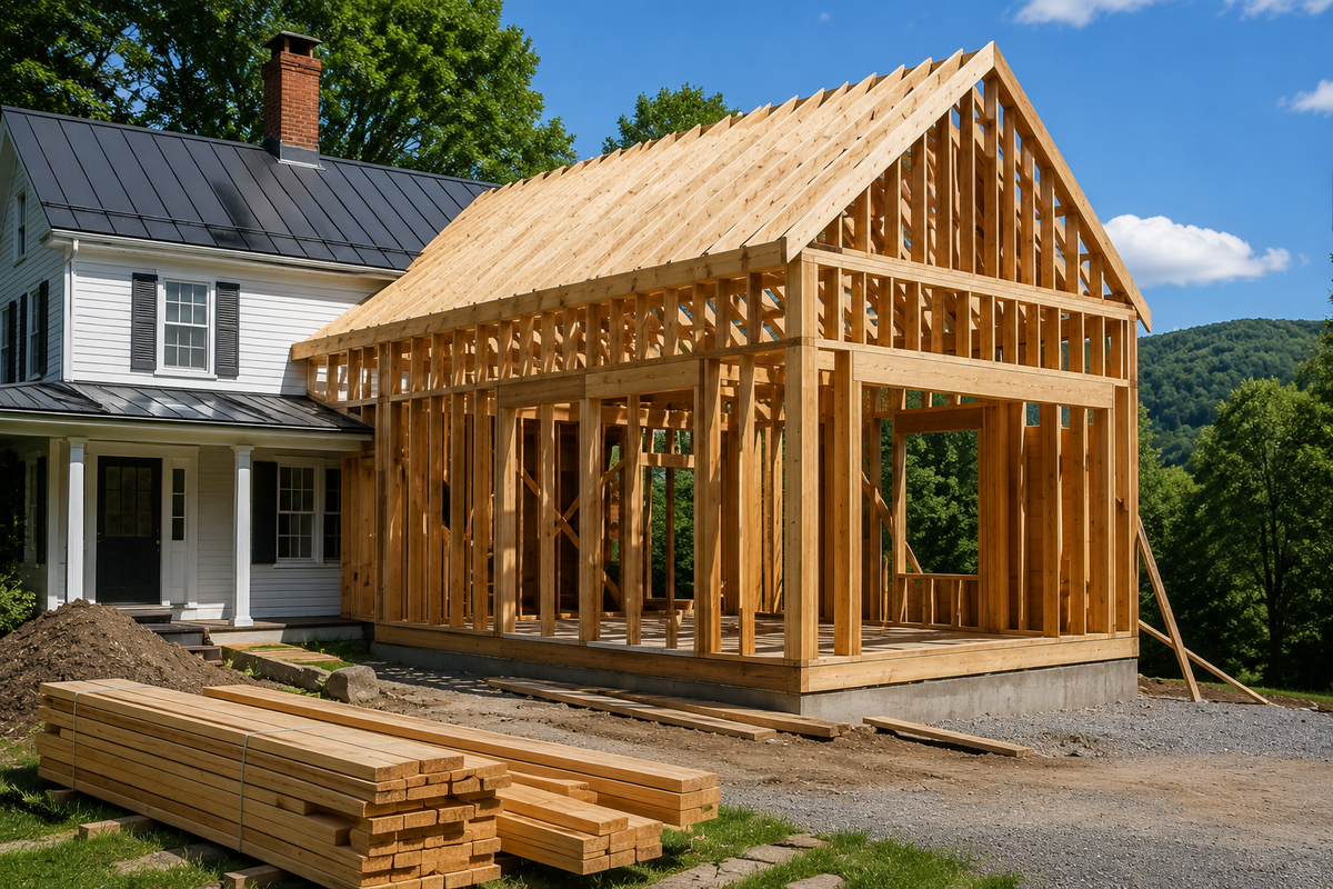 The clean, professional framing phase of a custom home addition in Chittenden County, Vermont.
