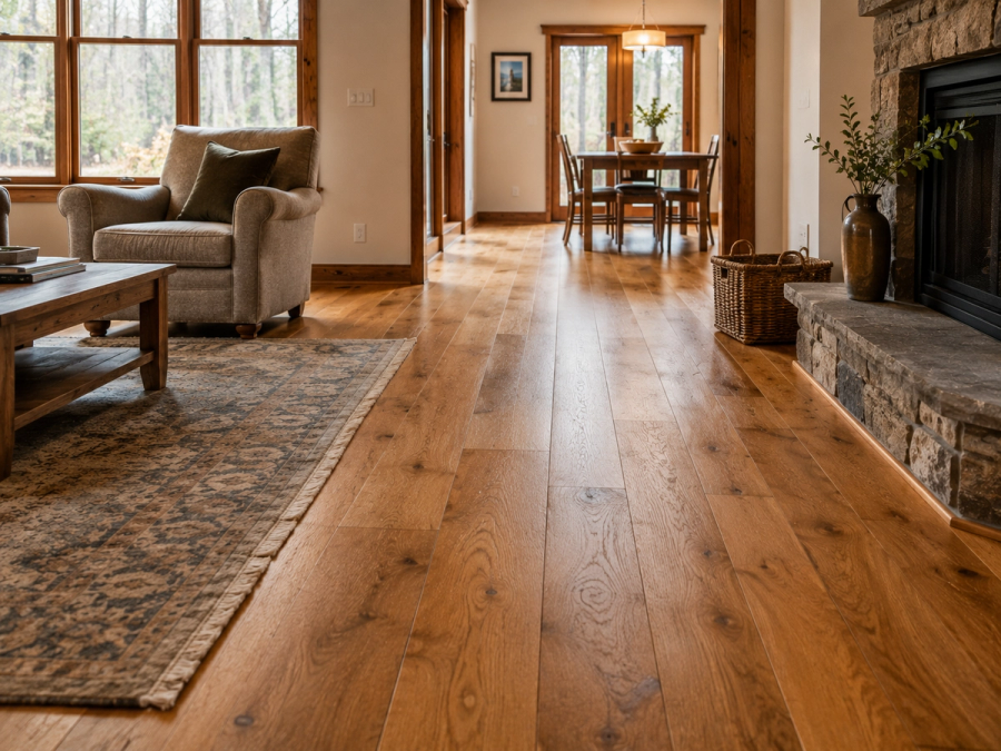 Wide plank hardwood flooring installed in a Chittenden County, Vermont home by Tradecraft VT.