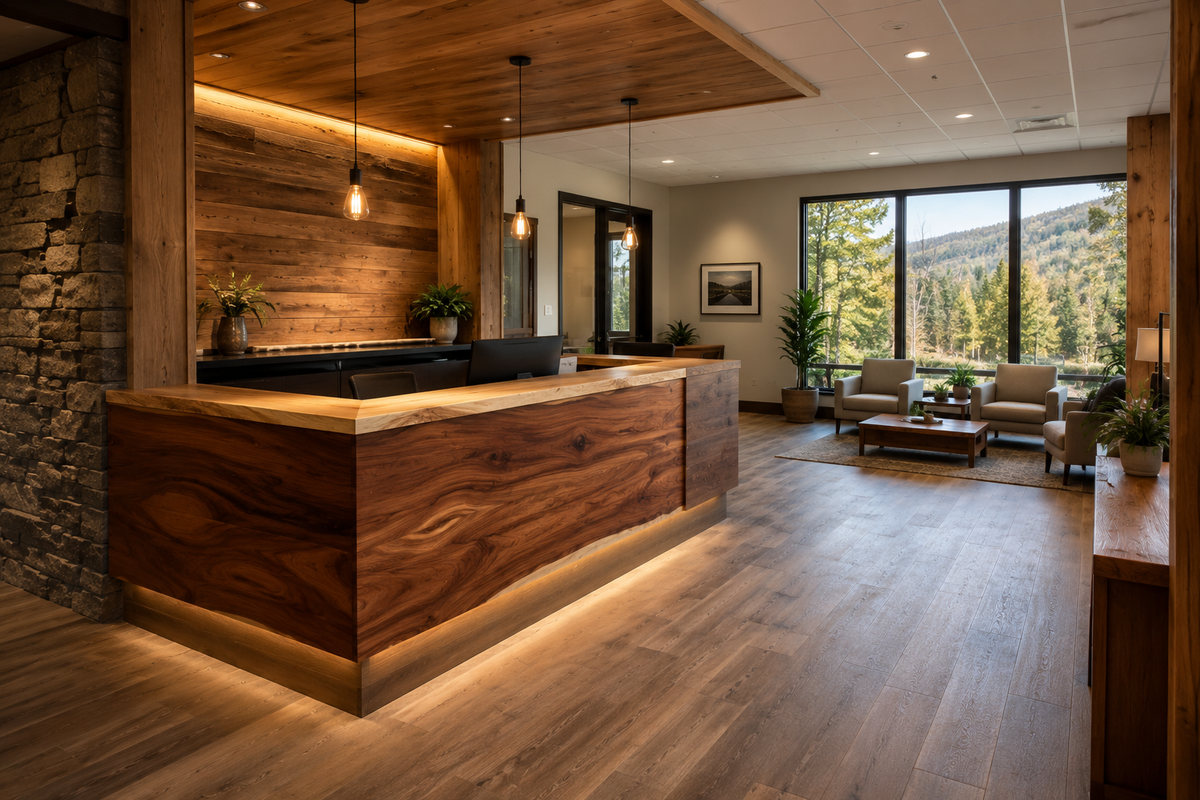 A custom-built wooden reception desk showcasing expert commercial casework and renovation in Chittenden County.