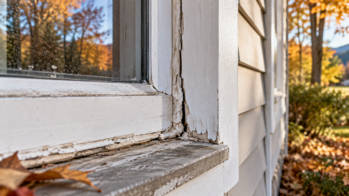 Failed window caulk on a Vermont home in fall, a common cause of window drafts.