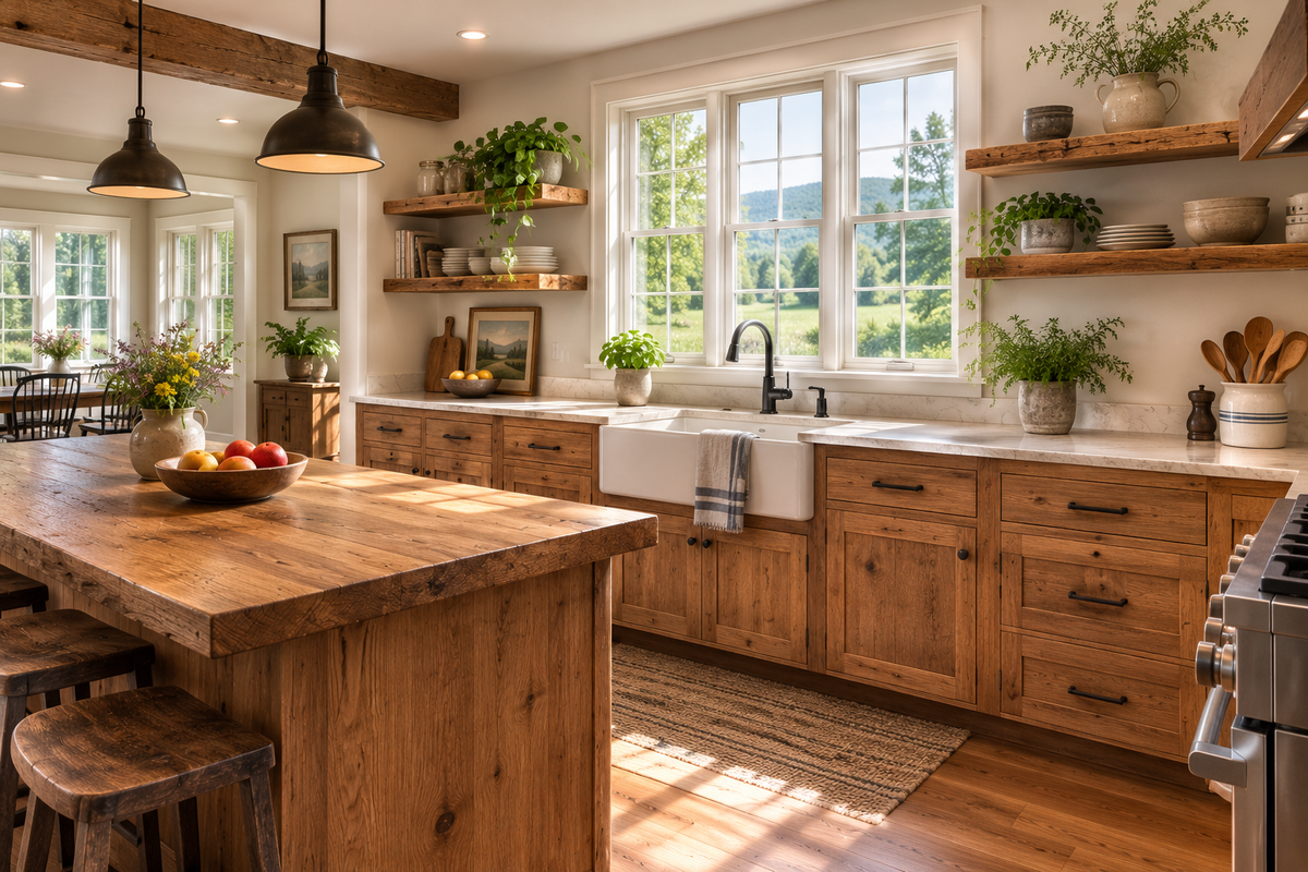Beautiful, handcrafted rustic farmhouse kitchen cabinets built by Tradecraft VT in Chittenden County.