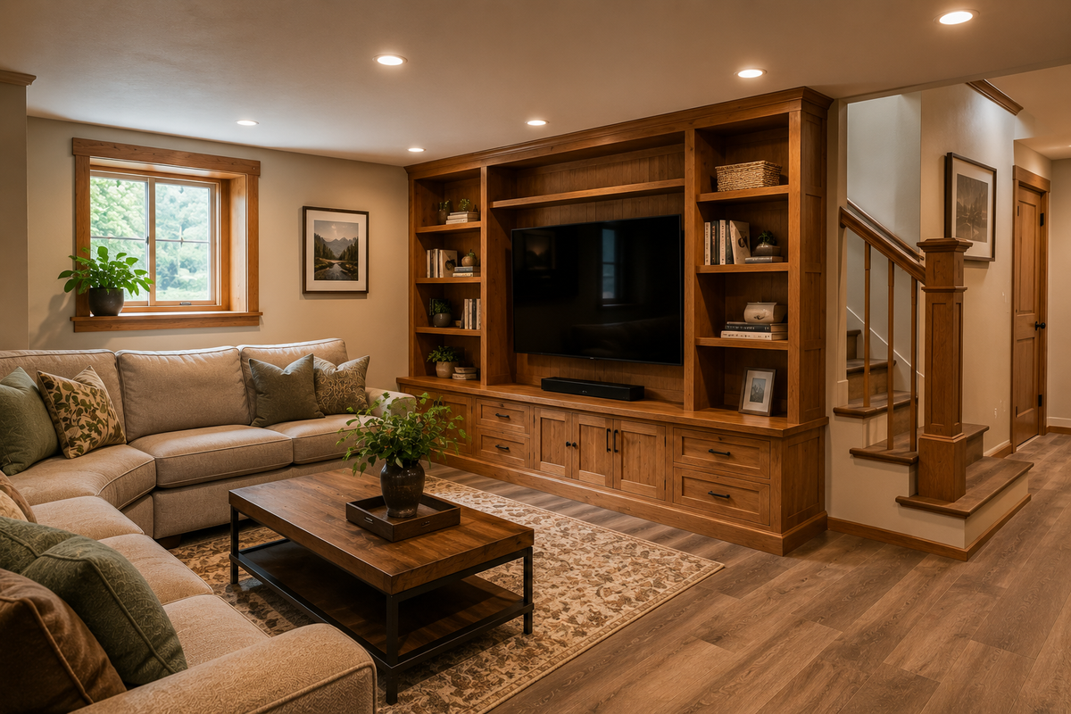 A beautifully finished basement family room featuring custom woodworking and built-ins by Tradecraft VT.